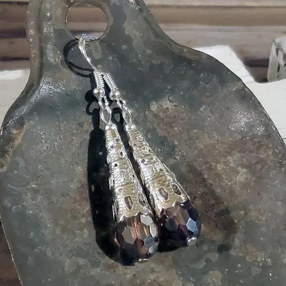 Handcrafted Caged Filigree Faceted Purple Crystal Silver Teardrop Earrings - Picture 4 of 8